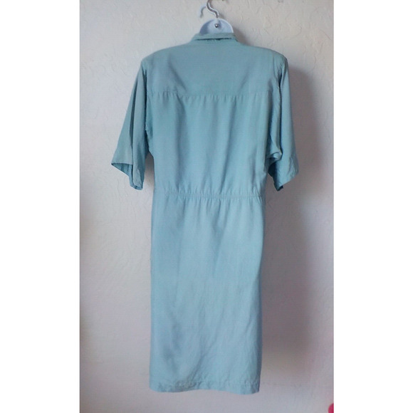 VTG 100% Silk Oleg Cassini Blue Teal Midi Dress Women 8 Faux Wrap Utility 90s - Picture 6 of 11